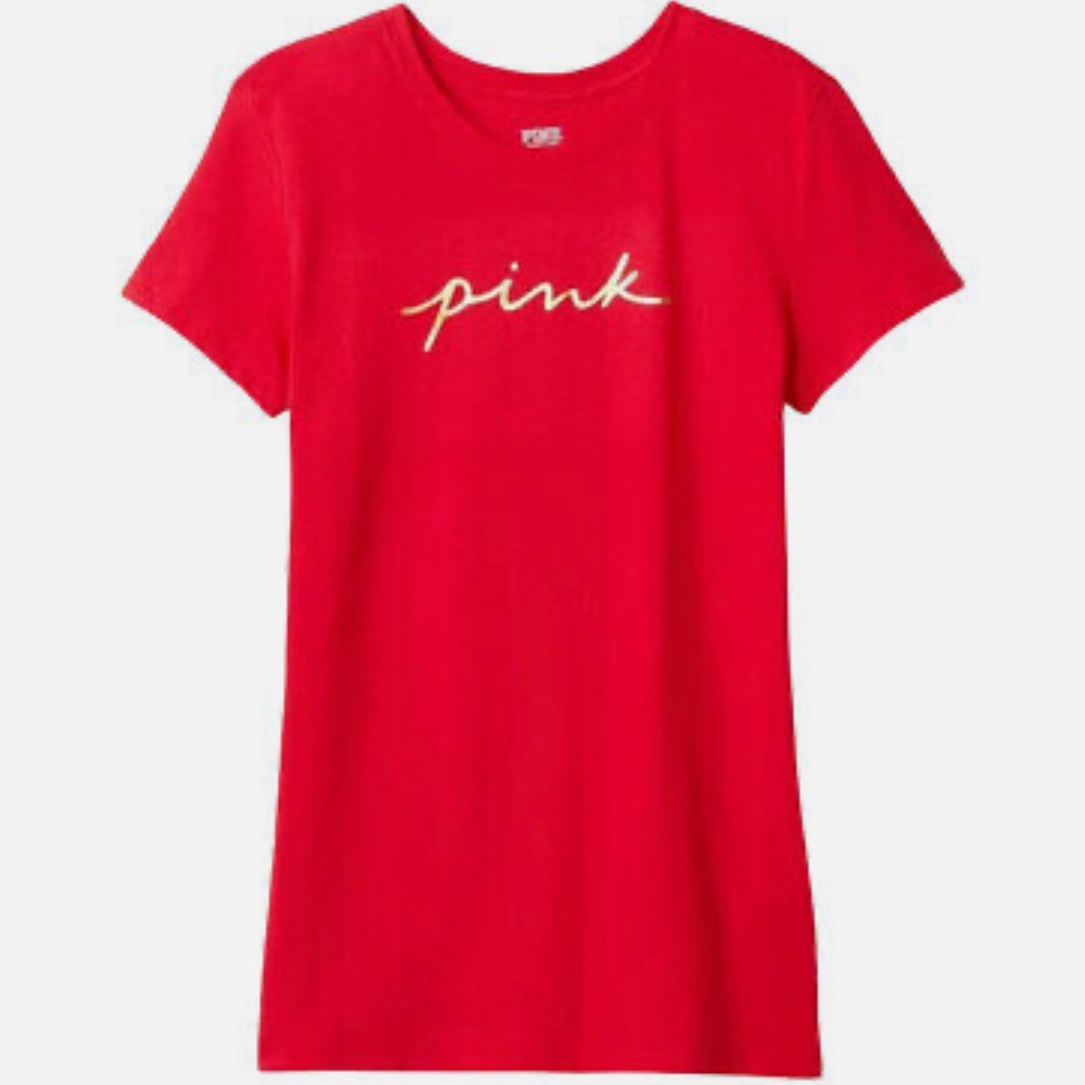 VS PINK Everyday Tee T-shirt Red Gold Foil Logo Victoria’s Secret